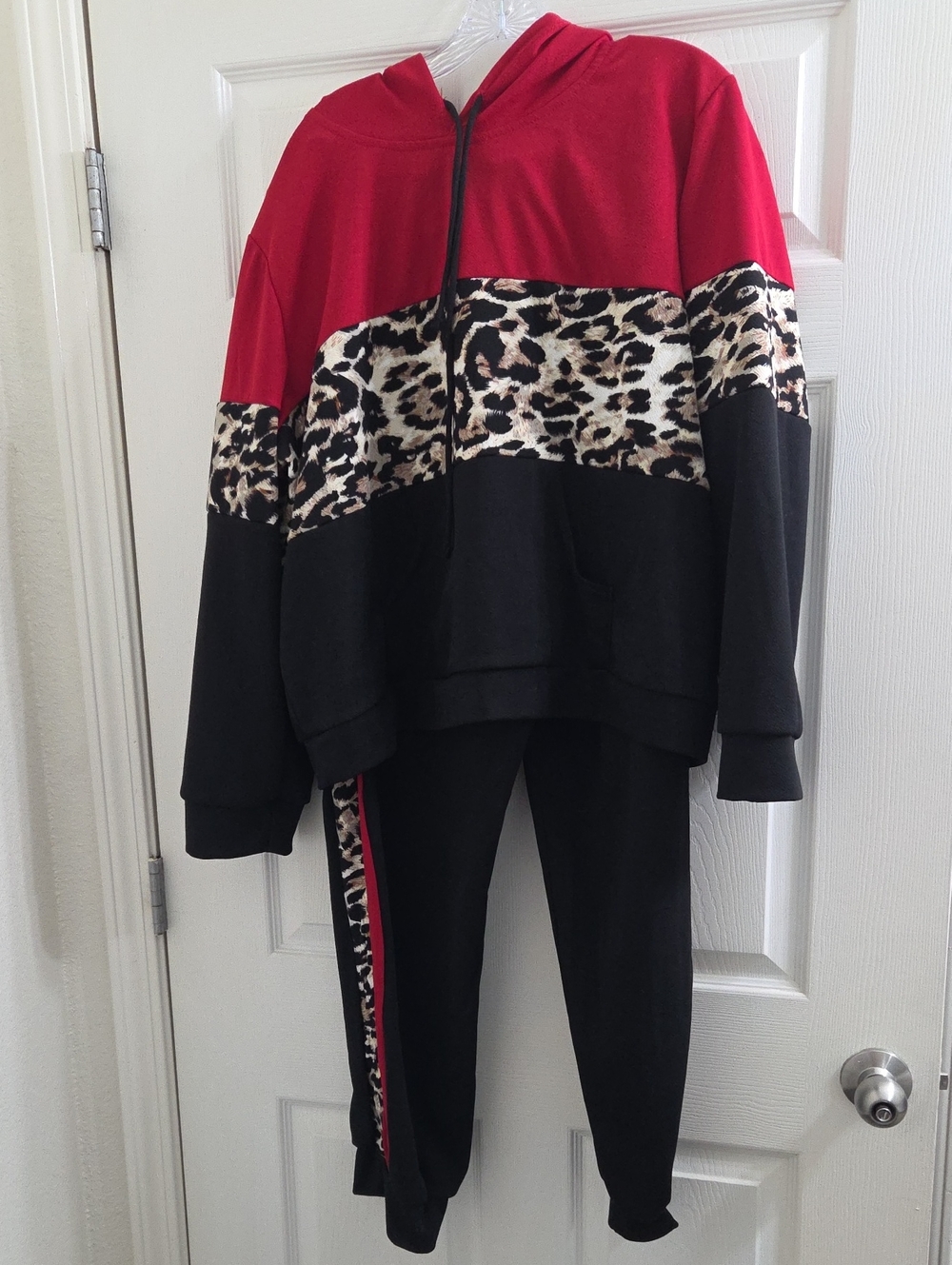Ashley Stewart Red & Black Colorblock Leopard Jogger Set